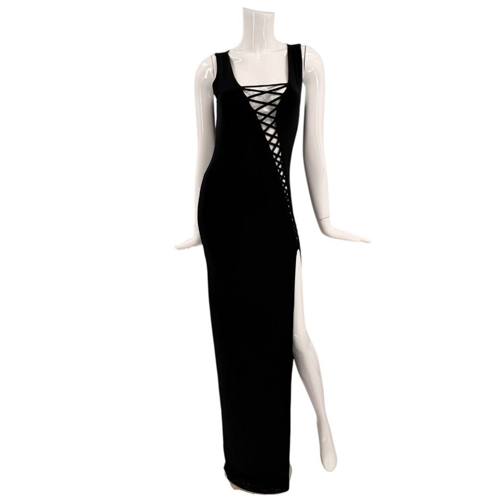 Foreign Exchange Lace-Up Corset-Like High Slit Maxi Dress Black Women's Size M